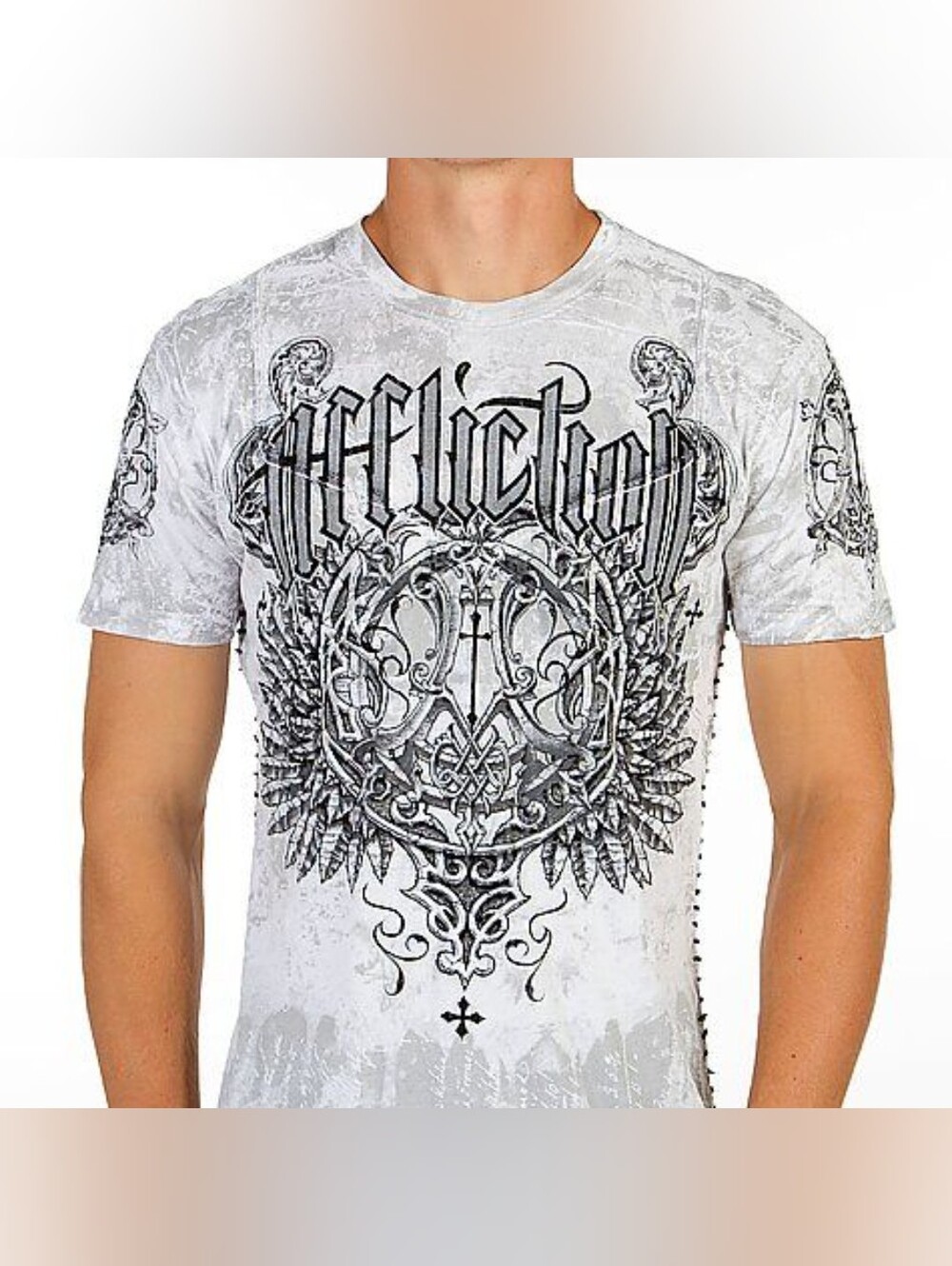 💎 Affliction Men's Top White & Gray Ornate Graphic Tee - Picture 2 of 8